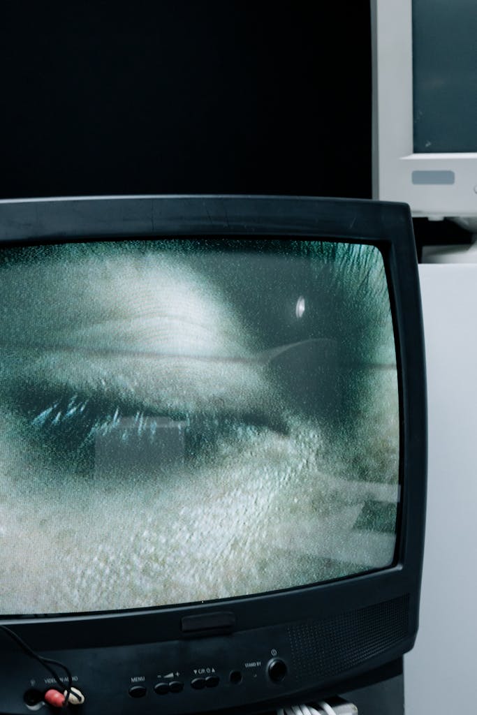 A close-up of a closed eye displayed on a vintage television screen.